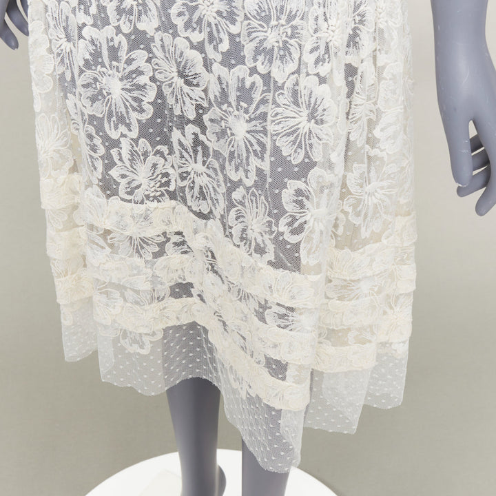 MIU MIU Vintage cream white floral lace polka dot mesh sheer midi dress IT40 S
