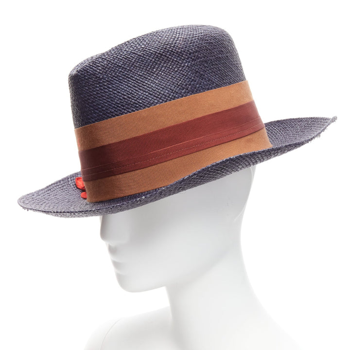 LANVIN 2015 Alber Elbaz red flower brown web ribbon navy straw fedora hat M