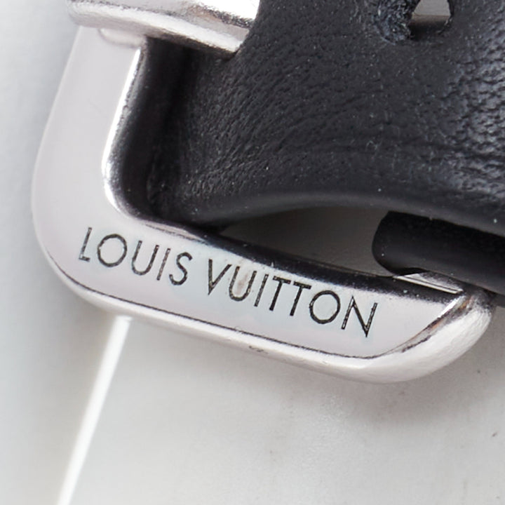 LOUIS VUITTON black soft leather silver LV logo buckle ring