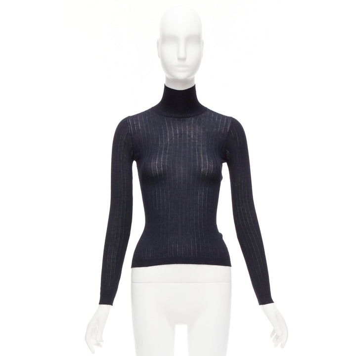 CHRISTIAN DIOR navy cashmere silk fine knit ribbed turtleneck sweater FR34 XS
