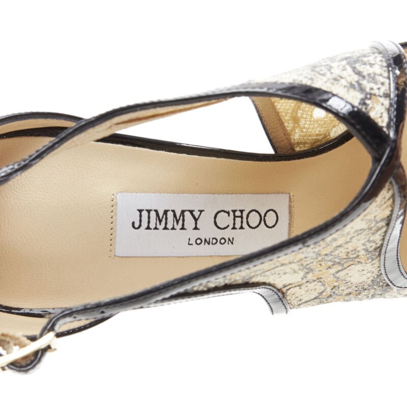 JIMMY CHOO black patent floral lace nesh cut out platform sandals EU38