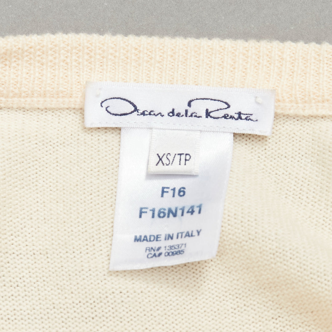 OSCAR DE LA RENTA cream lace flare sleeve chiffon insert hi low hem sweater XS