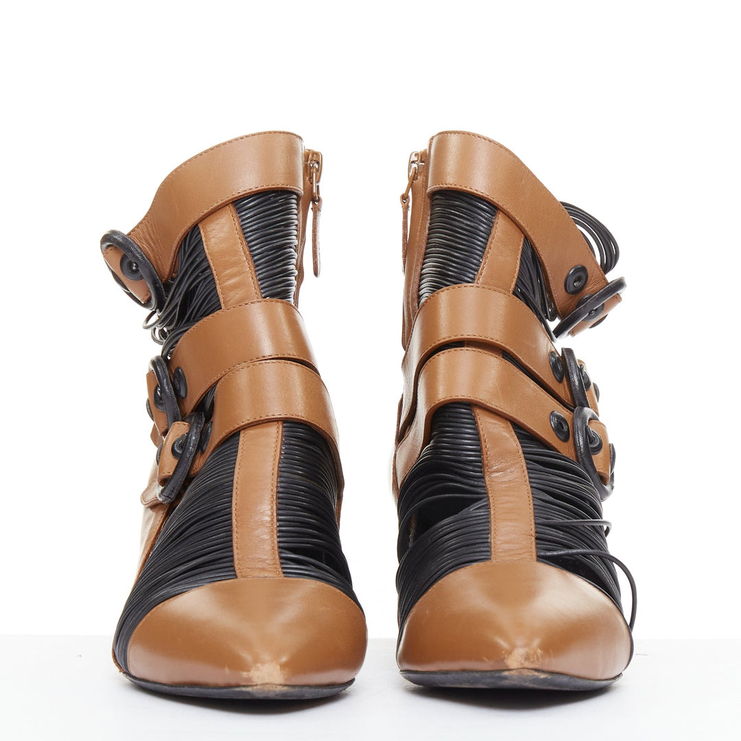 rare BALENCIAGA Nicolas Ghesquiere brown black wired buckle ankle bootie EU37
