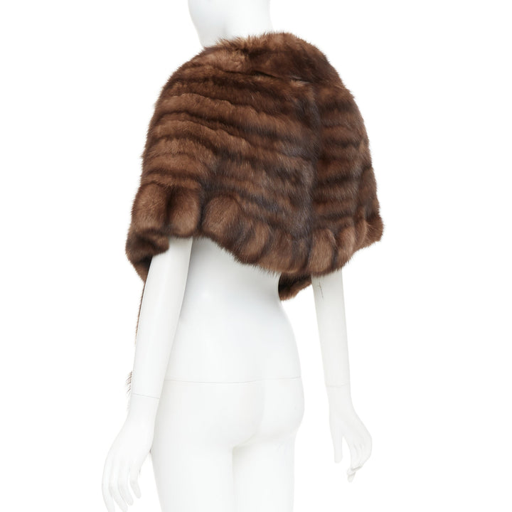 FLAMINGO brown real Russian fur tassel tiered shawl scarf stole