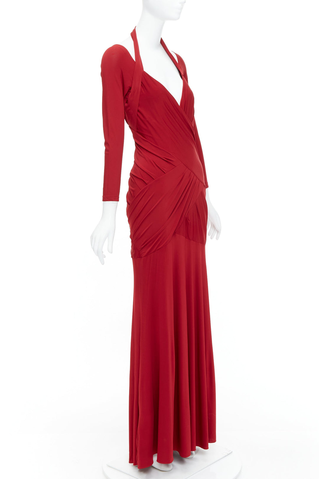 DONNA KARAN red halter plunge tucked draped evening gown dress L