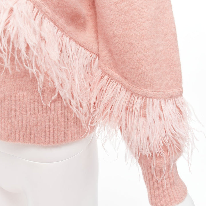 CINQ A SEPT Merritt blush pink feather trimmed wool blend cropped sweater XS