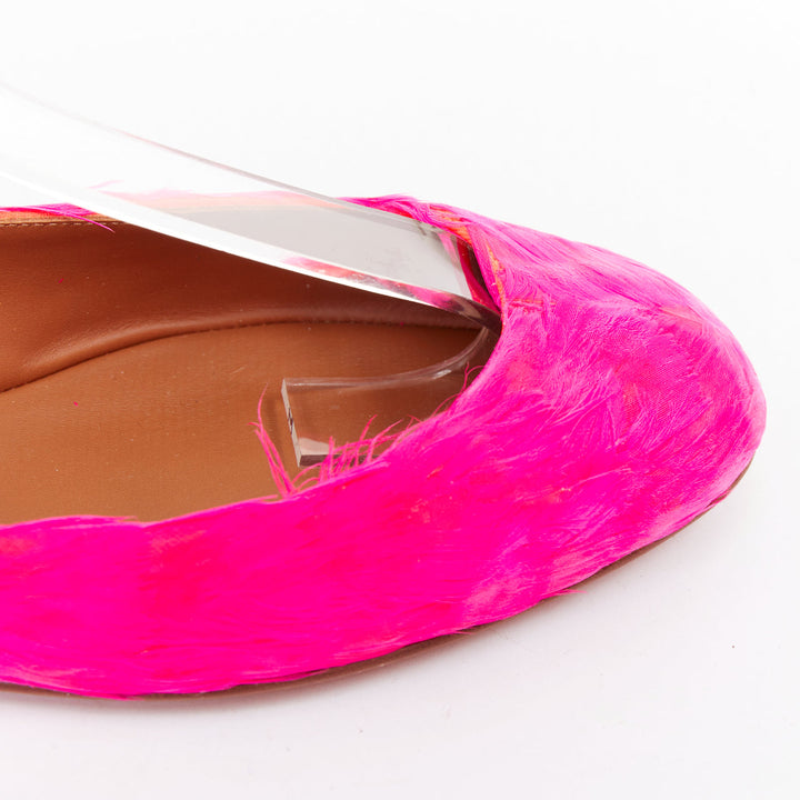 VALENTINO hot fuchsia pink turkey feather leather ankle strap flats EU37
