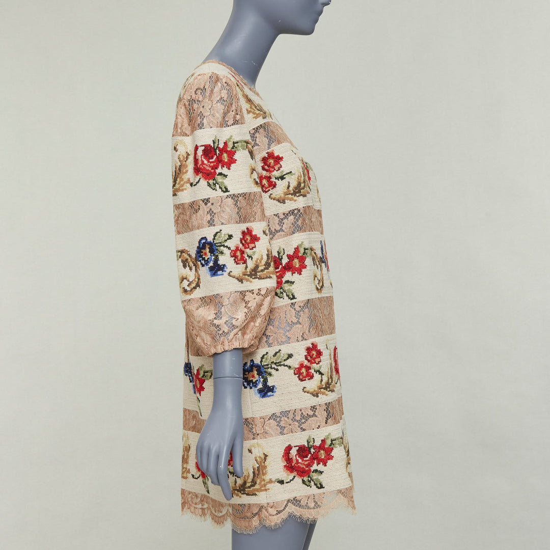 DOLCE GABBANA 2012 Runway baroque floral needlepoint sheer lace shift dress IT44