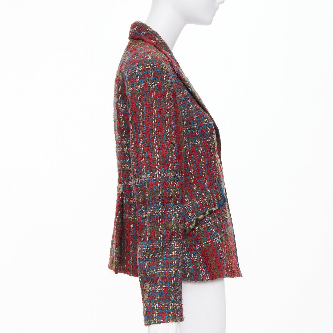 CHRISTIAN LACROIX BAZAR 1996 red plaid tweed crest button blazer jacket FR44 XL