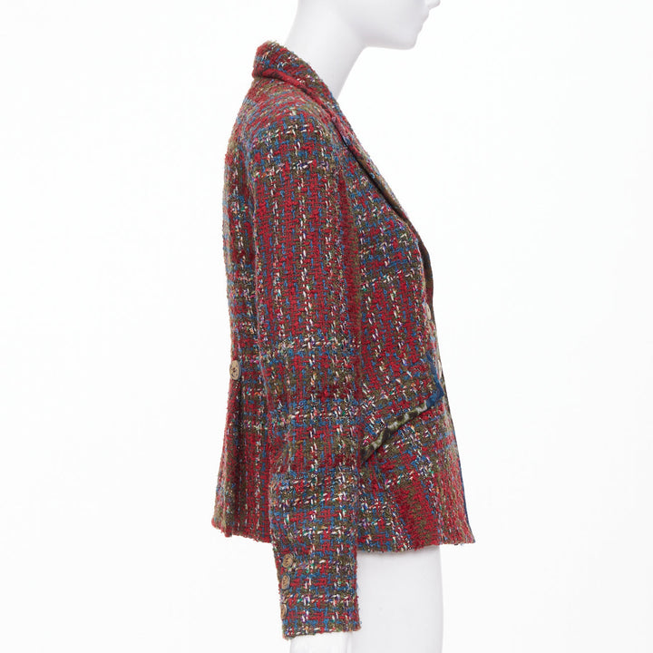 CHRISTIAN LACROIX BAZAR 1996 red plaid tweed crest button blazer jacket FR44 XL
