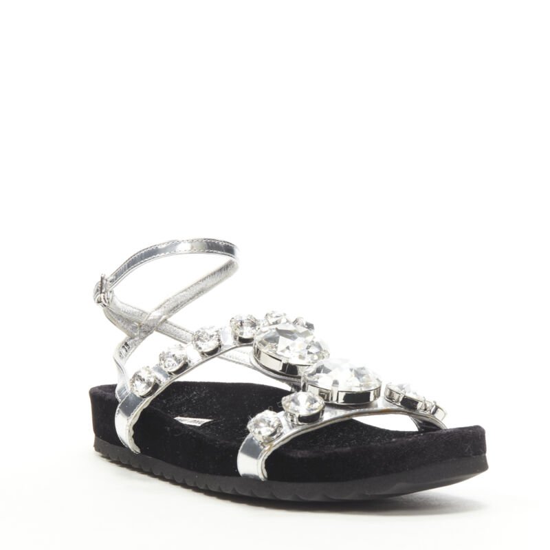 MIU MIU large rhinestone crystal metallic silver velvet flat sandals EU36