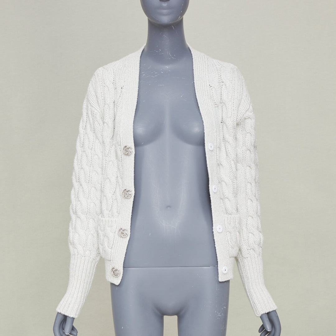 GUCCI 2024 Runway grey lurex metallic cable knit wool cashmere cardigan XS