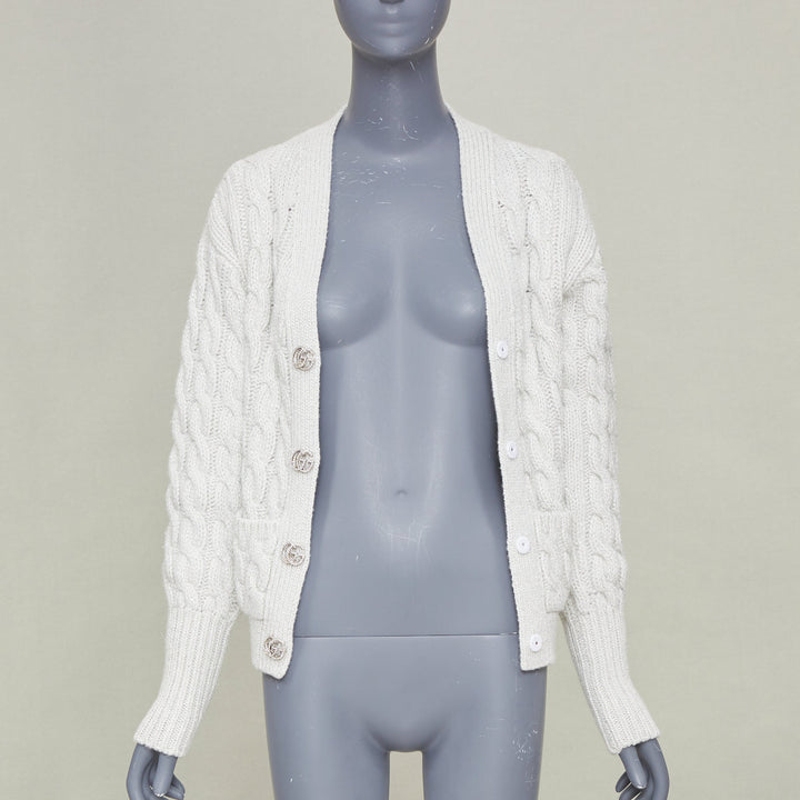GUCCI 2024 Runway grey lurex metallic cable knit wool cashmere cardigan XS