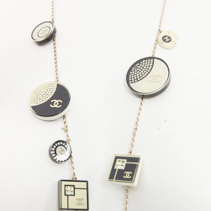 CHANEL 2008 08C black white geometric record resin charm station long necklace