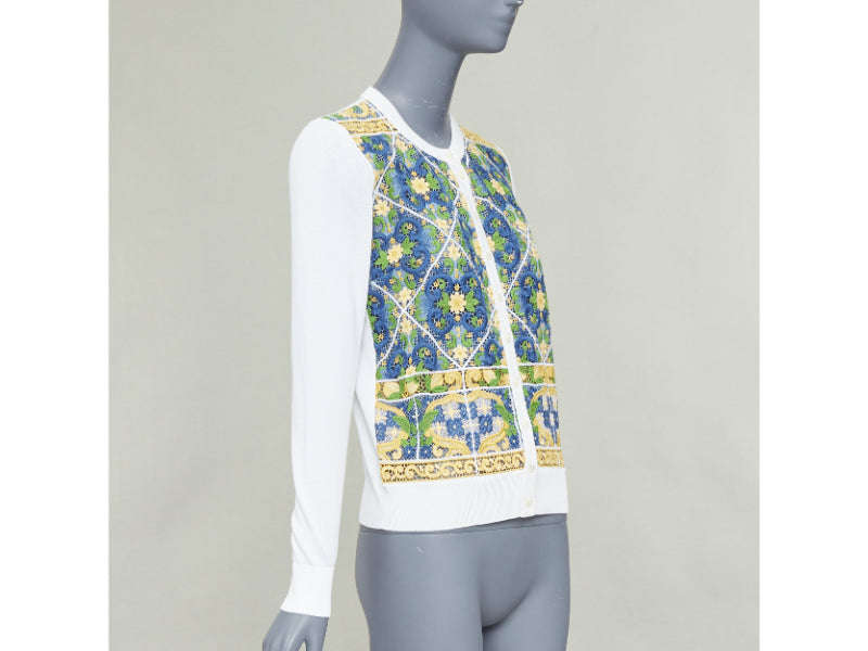 DOLCE GABBANA Majolica print embroidery anglais lace cream cardigan IT40 S