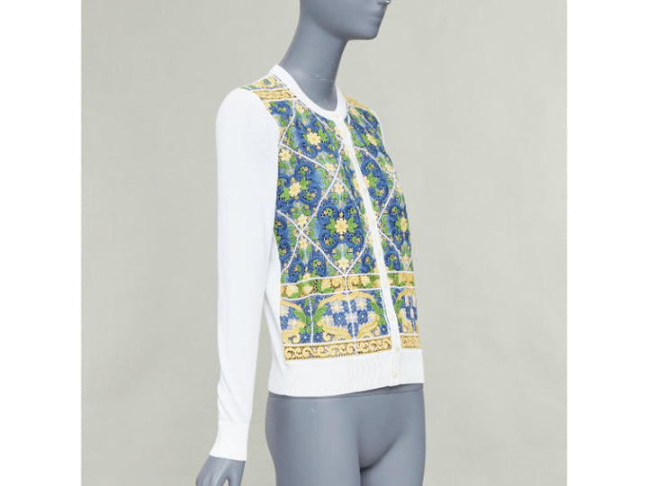 DOLCE GABBANA Majolica print embroidery anglais lace cream cardigan IT40 S