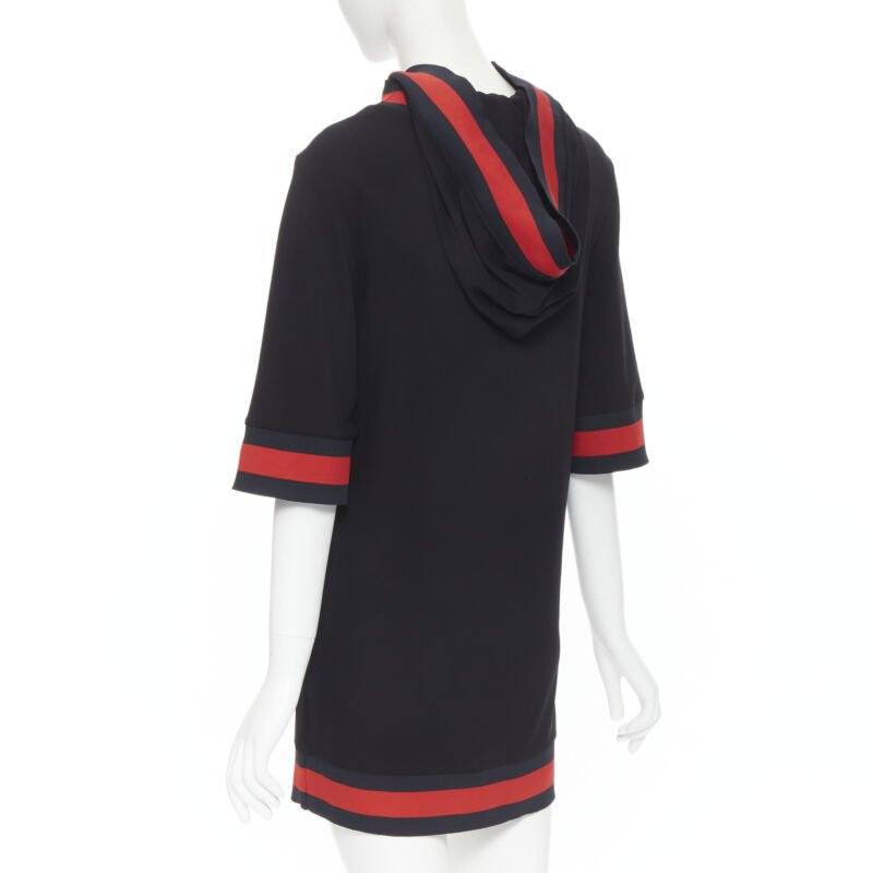 GUCCI black blue red signature web trim hooded casual dress XS