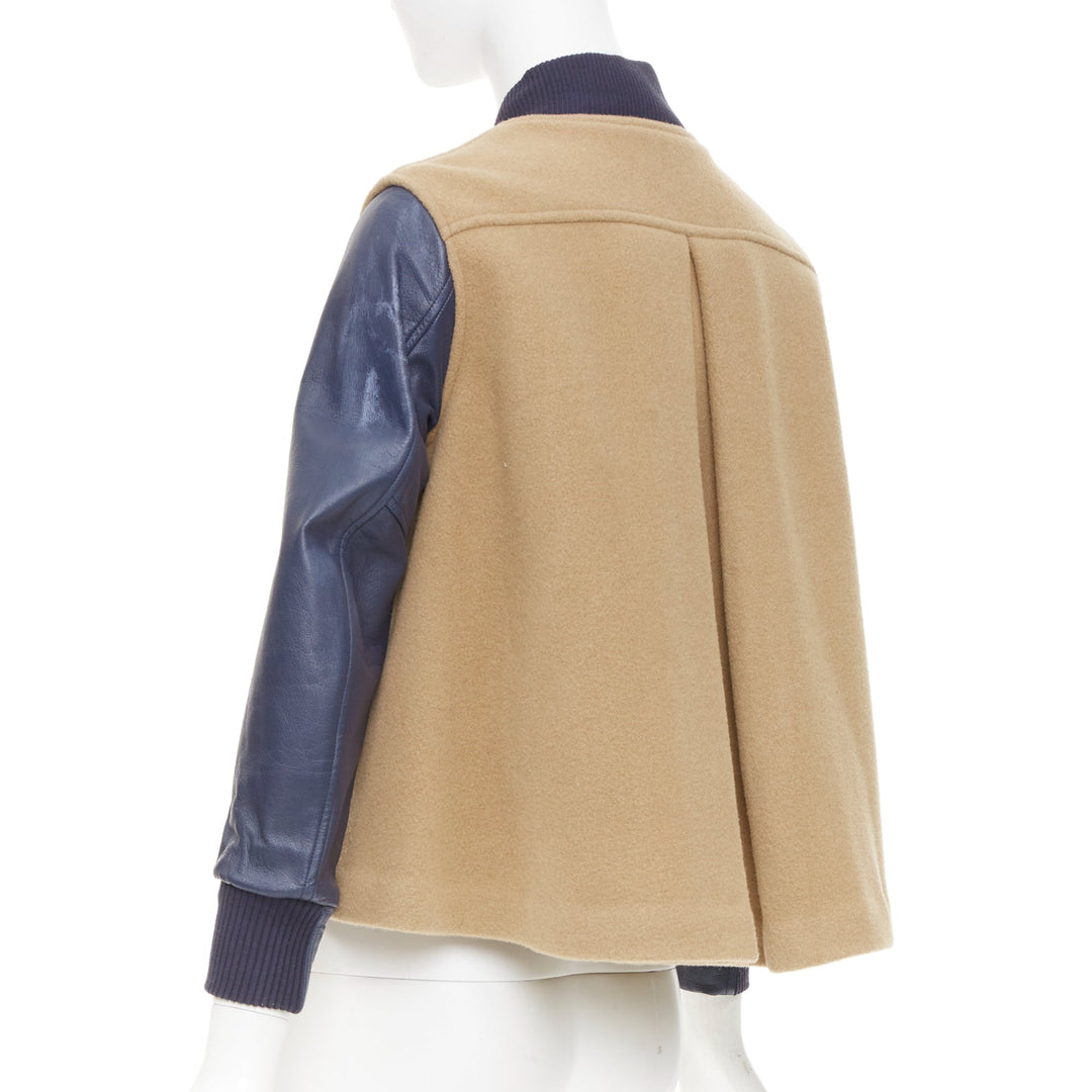 SACAI LUCK camel wool leather sleeve flared collegiate bomber jacket JP1 S
