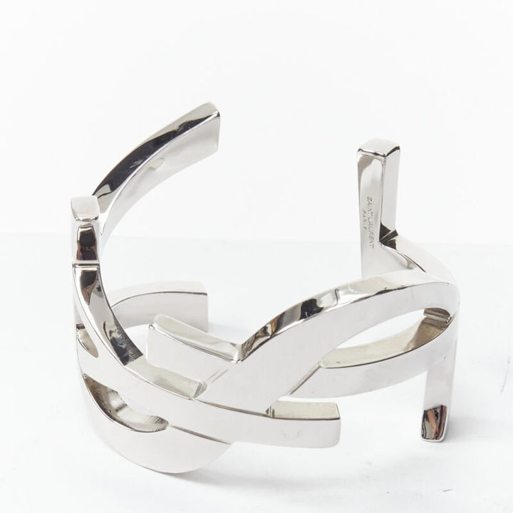 SAINT LAURENT Cassandre silver brass metal YSL monogram logo cuff bracelet