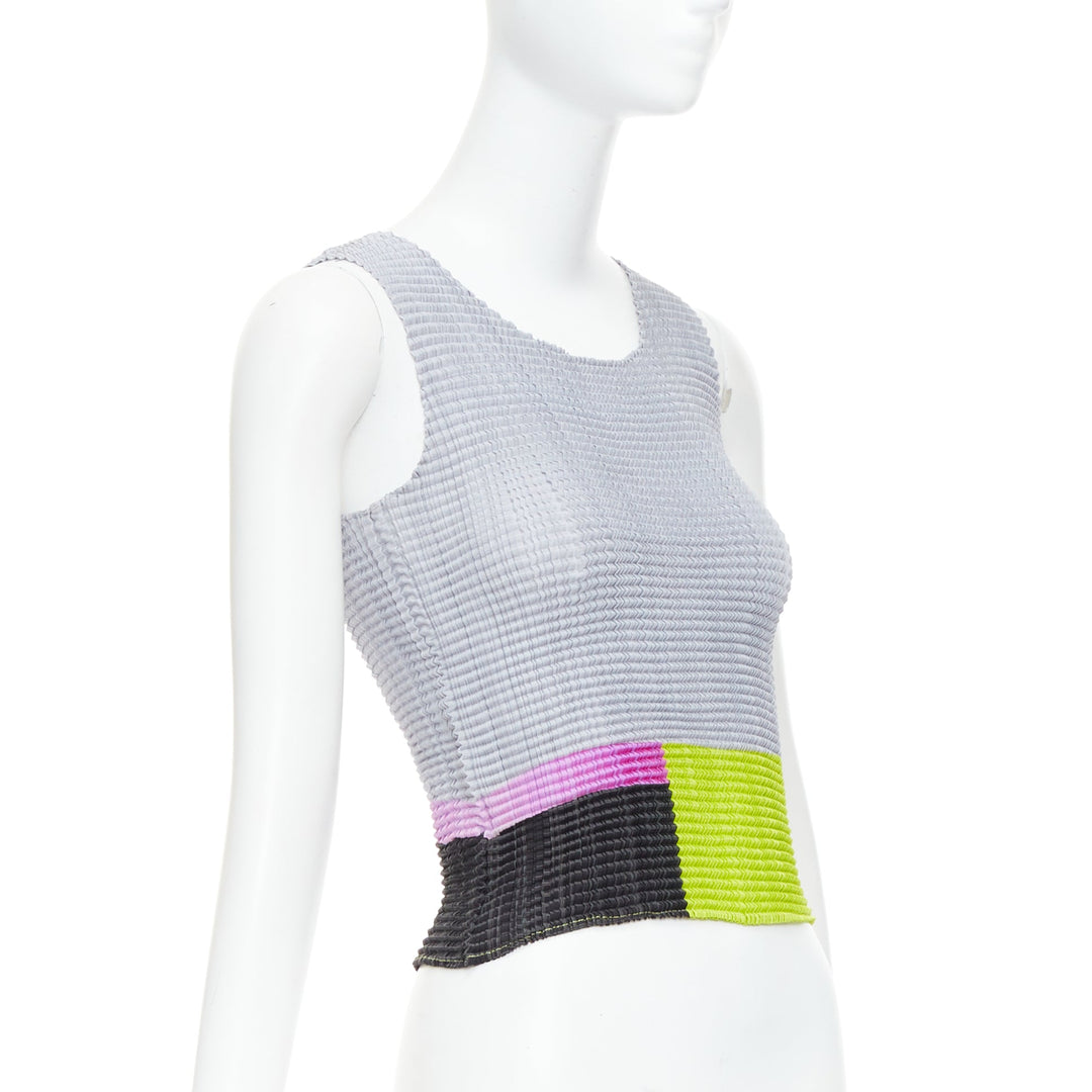 ISSEY MIYAKE neon green pink grey colorblock pleated tank top M