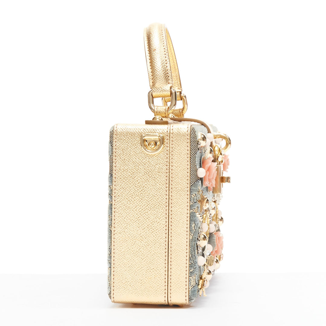 DOLCE GABBANA gold leather 3D pink floral barocco velvet vanity box shoulder bag