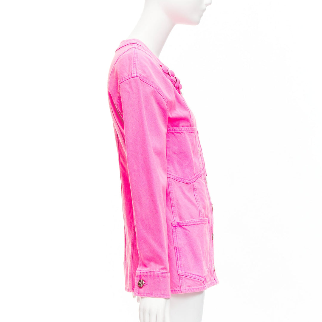 CHANEL 2021 neon pink cotton denim CC logo camellia embellished jacket FR34 XS