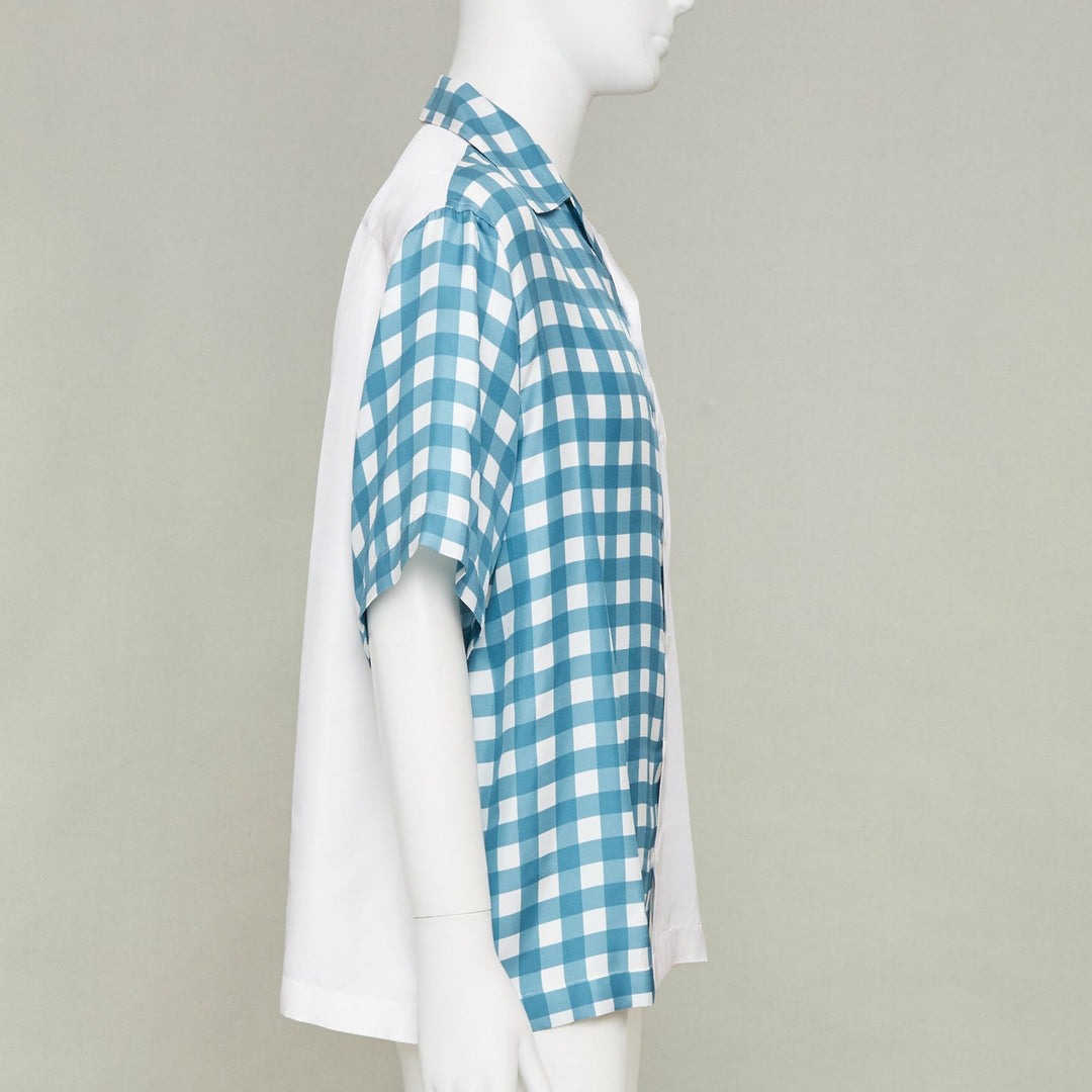 PRADA 2023 Double Match Vichy Split Gingham Check white silk bowling shirt S
