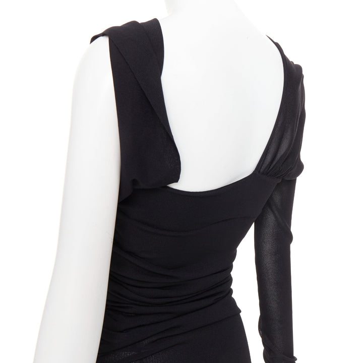 SAINT LAURENT 2023 black viscose ruched one shoulder semi sheer dress XS