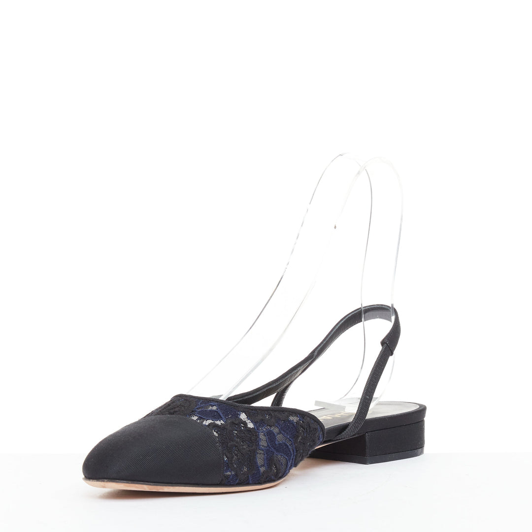 CHANEL navy black lace silver CC logo lace grosgrain slingback ballet flat