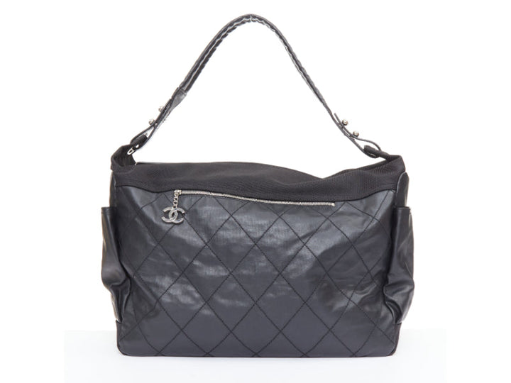 CHANEL XL Paris-Biarritz black coated canvas silver CC crossbody travel hobo bag