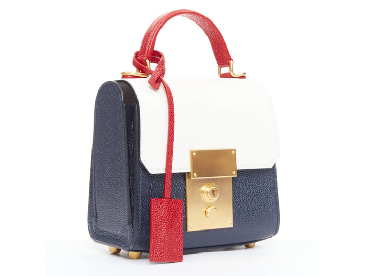 THOM BROWNE Mini Mrs Thom red white navy calfskin stripe detail top handle bag