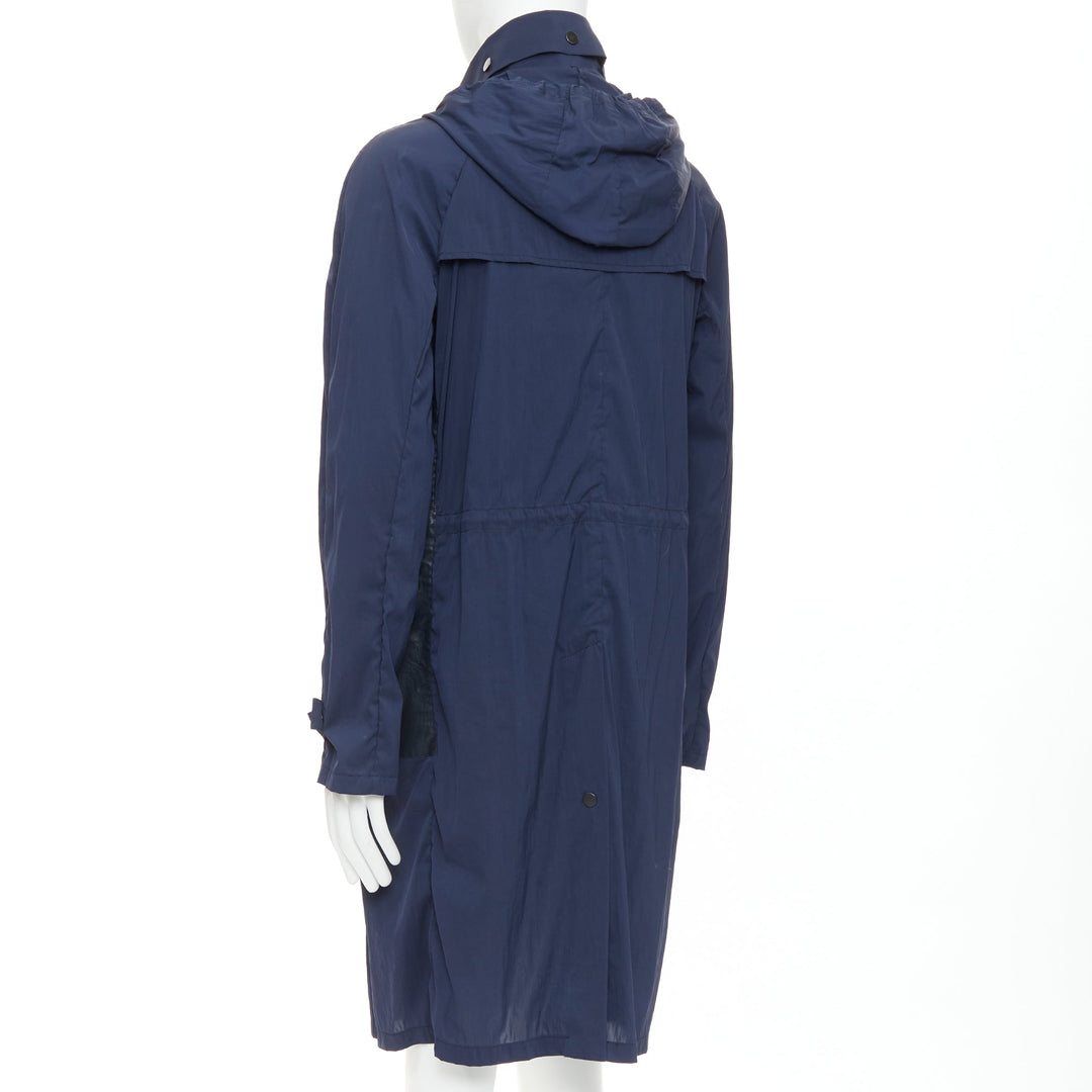 LANVIN black leather panels navy lightweight nylon anorak coat FR48 M