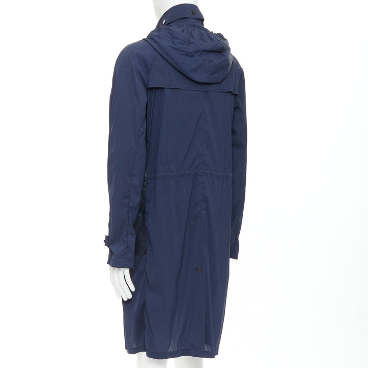 LANVIN black leather panels navy lightweight nylon anorak coat FR48 M