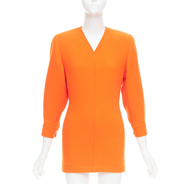 SAINT LAURENT 2022 Runway orange wool grain de poudre power mini dress FR34 XS