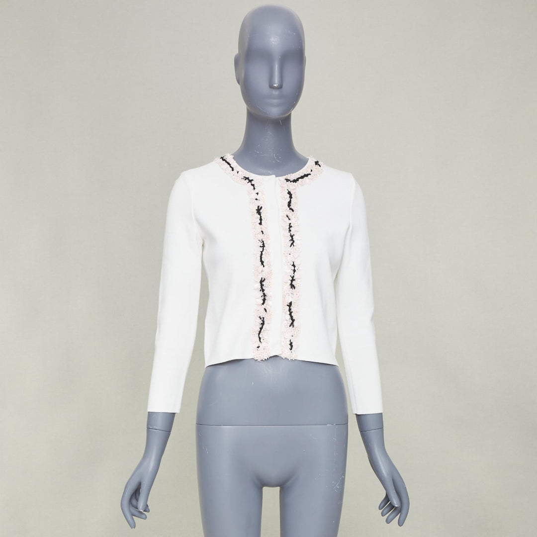 GIAMBATTISTA VALLI petal bead trim white viscose blend cardigan IT38 XXS