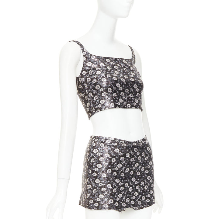 PRADA 2017 black metallic floral brocade crop top high waist short IT36 XXS