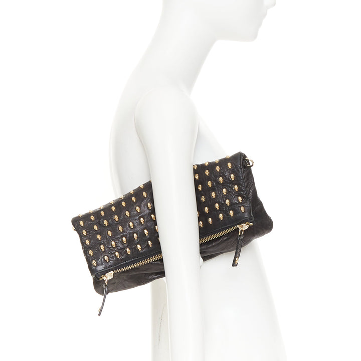 THOMAS WYLDE Day of the Dead Punk black leather gold skull stud  clutch bag
