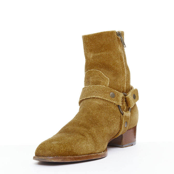 SAINT LAURENT Wyatt tan brown leather harness western boots EU41.5