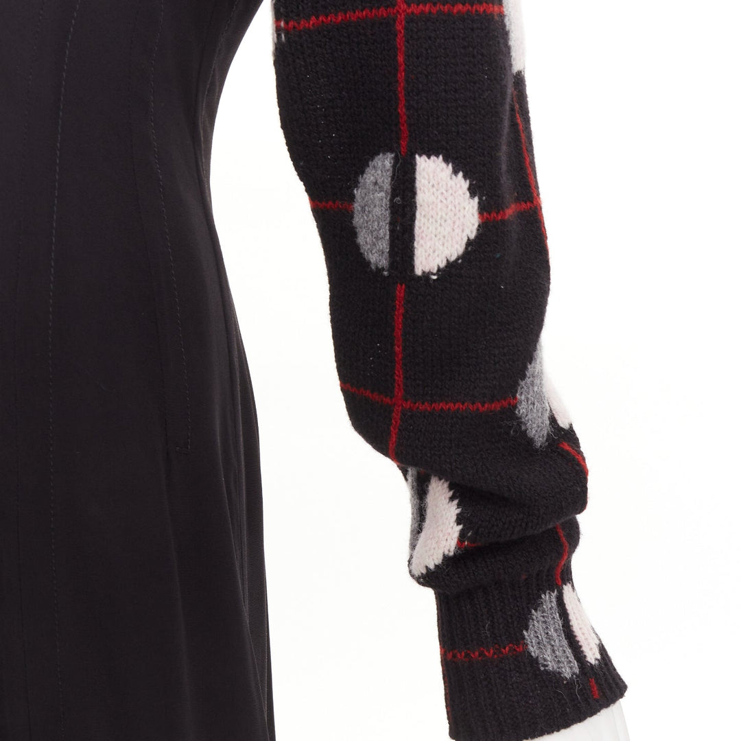 PRADA 2021 Runway black sable checkered wool sleeves V-neck midi dress IT38 XS