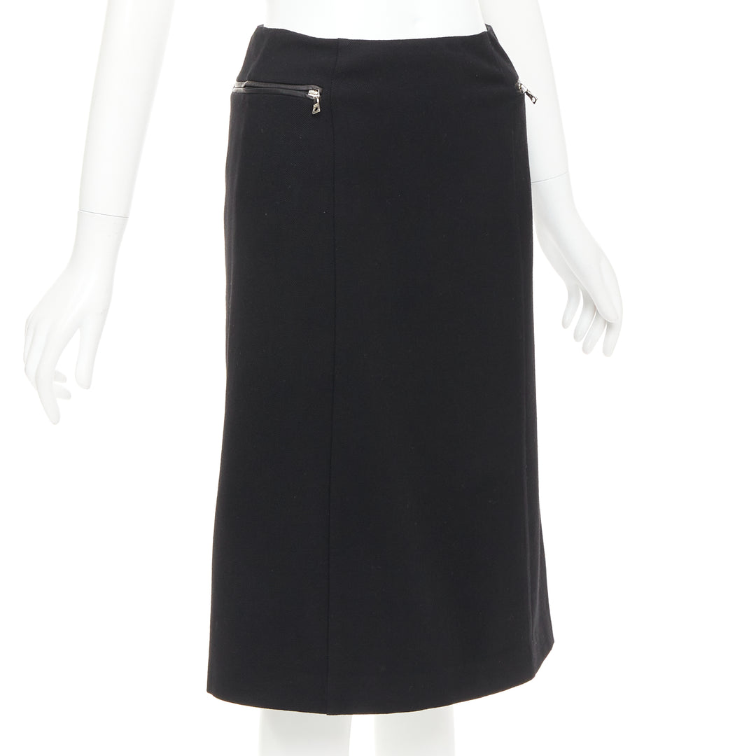 PRADA Vintage black wool minimal linear leather trim zip pocket skirt IT38 XS
