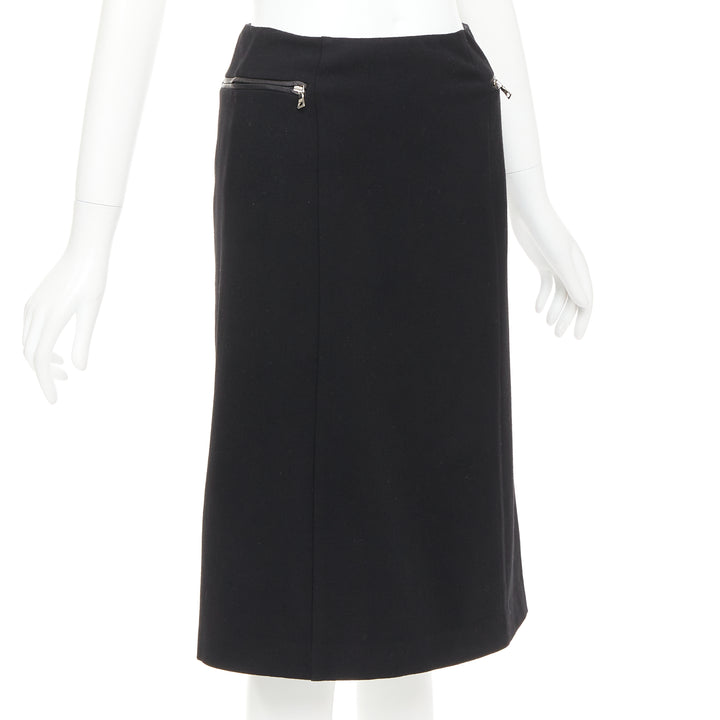 PRADA Vintage black wool minimal linear leather trim zip pocket skirt IT38 XS