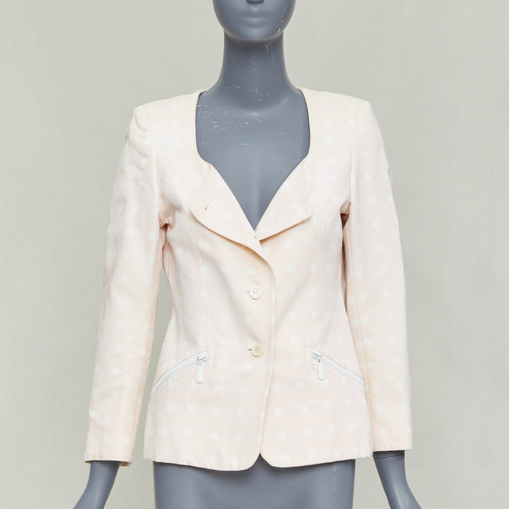 ESCADA Vintage pink cream polka dot cotton power shoulder blazer jacket IT36 XXS
