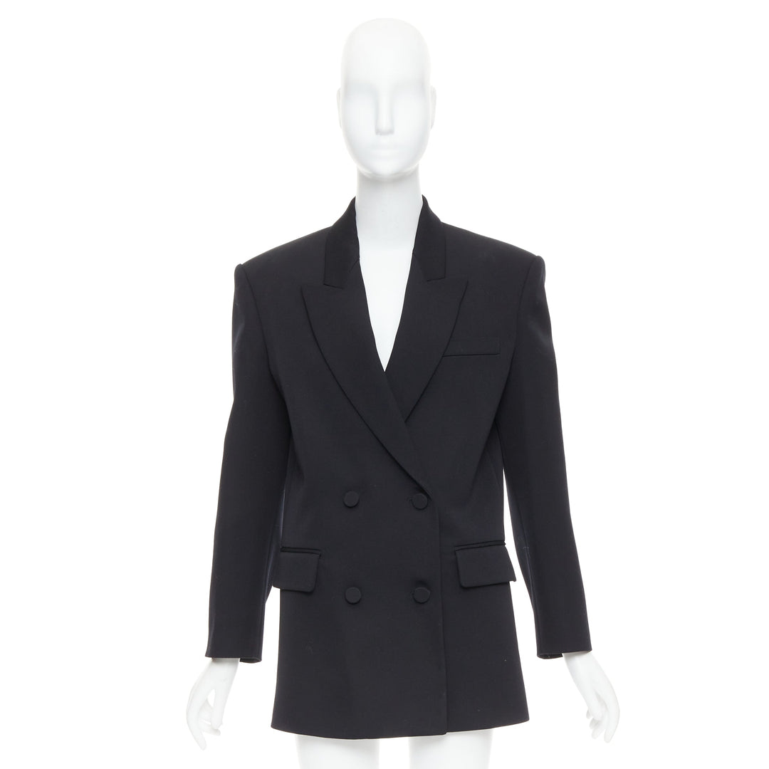 VALENTINO 2023 black virgin wool power shoulder double breasted coat IT38 XS
