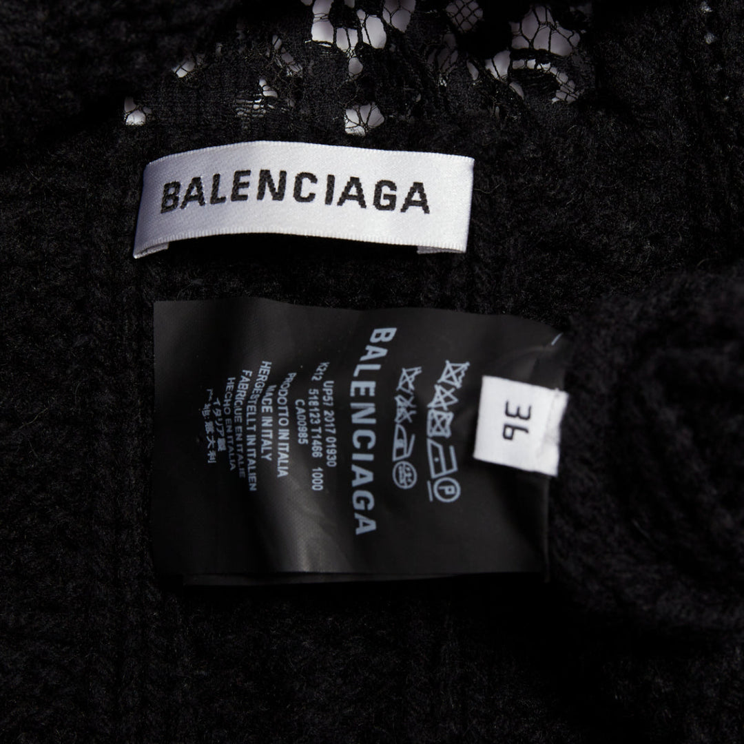 BALENCIAGA DEMNA 2017 black wool cable knit lace plunge oversized sweater FR