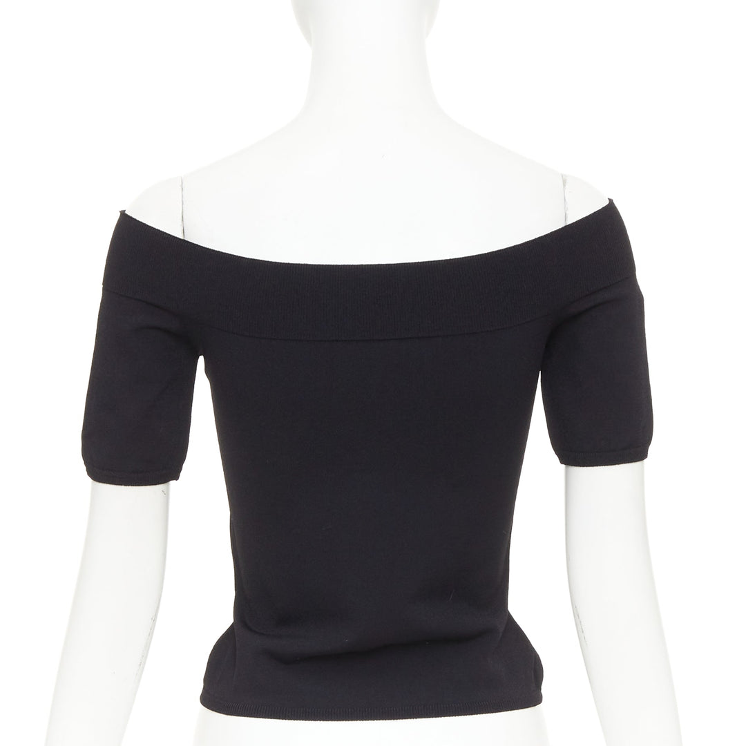 ALEXANDER MCQUEEN black off shoulder ribbed knit half sleeves cropped sweater