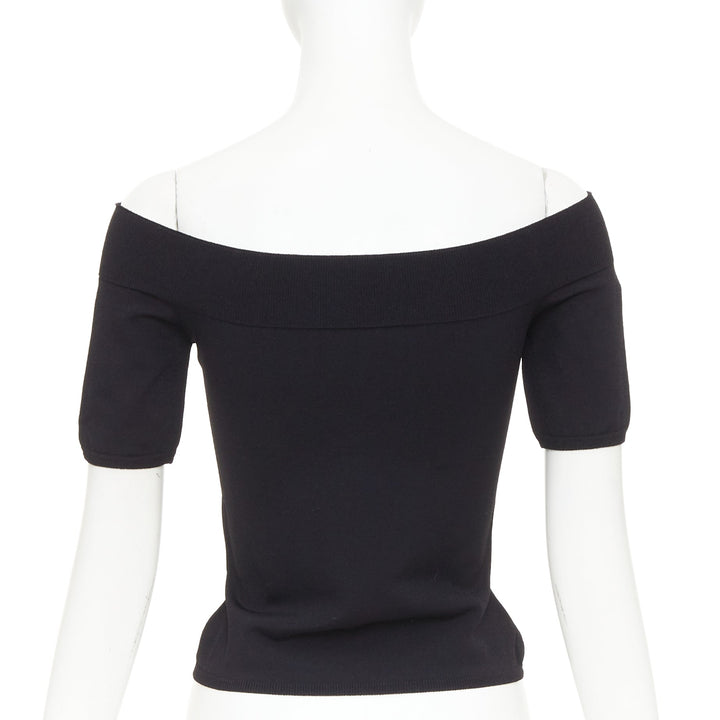 ALEXANDER MCQUEEN black off shoulder ribbed knit half sleeves cropped sweater
