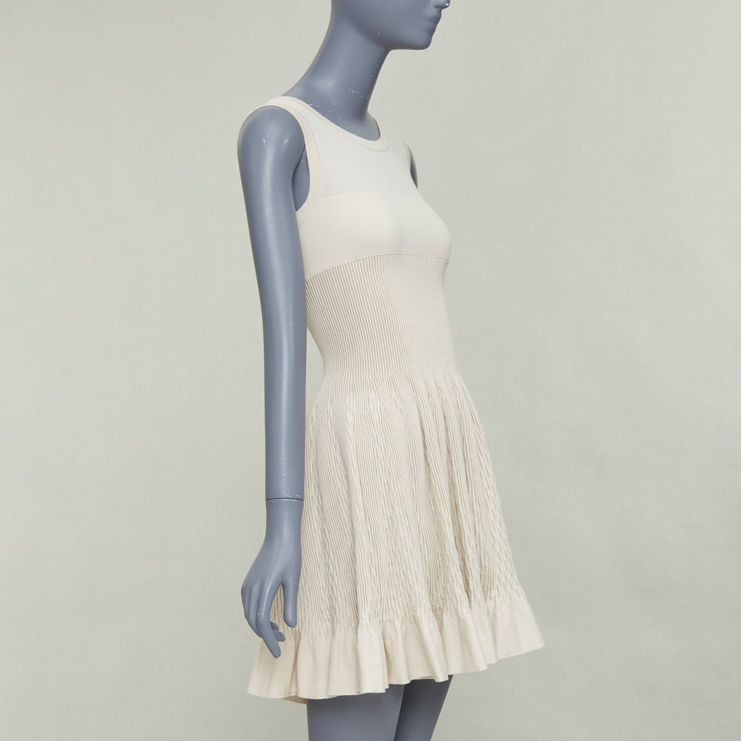ALAIA ivory beige virgin wool contour waist sleeveless fit flare dress FR36 S