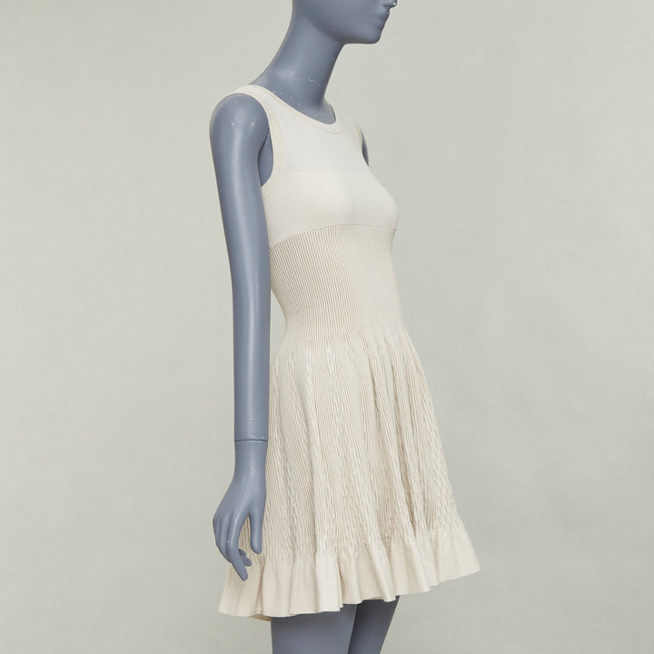 ALAIA ivory beige virgin wool contour waist sleeveless fit flare dress FR36 S