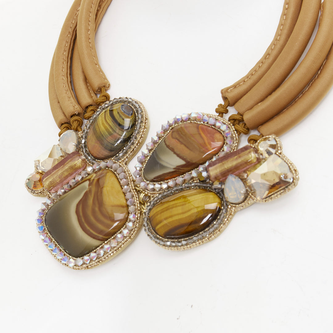 BEA VALDES Handcrafted Kittur  brown jasper stones crystal bugal bib necklace