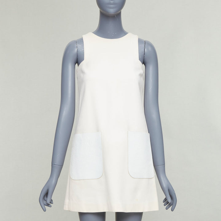 FENDI cream 100% wool leather patch pocket silk lined mini dress IT36 XXS